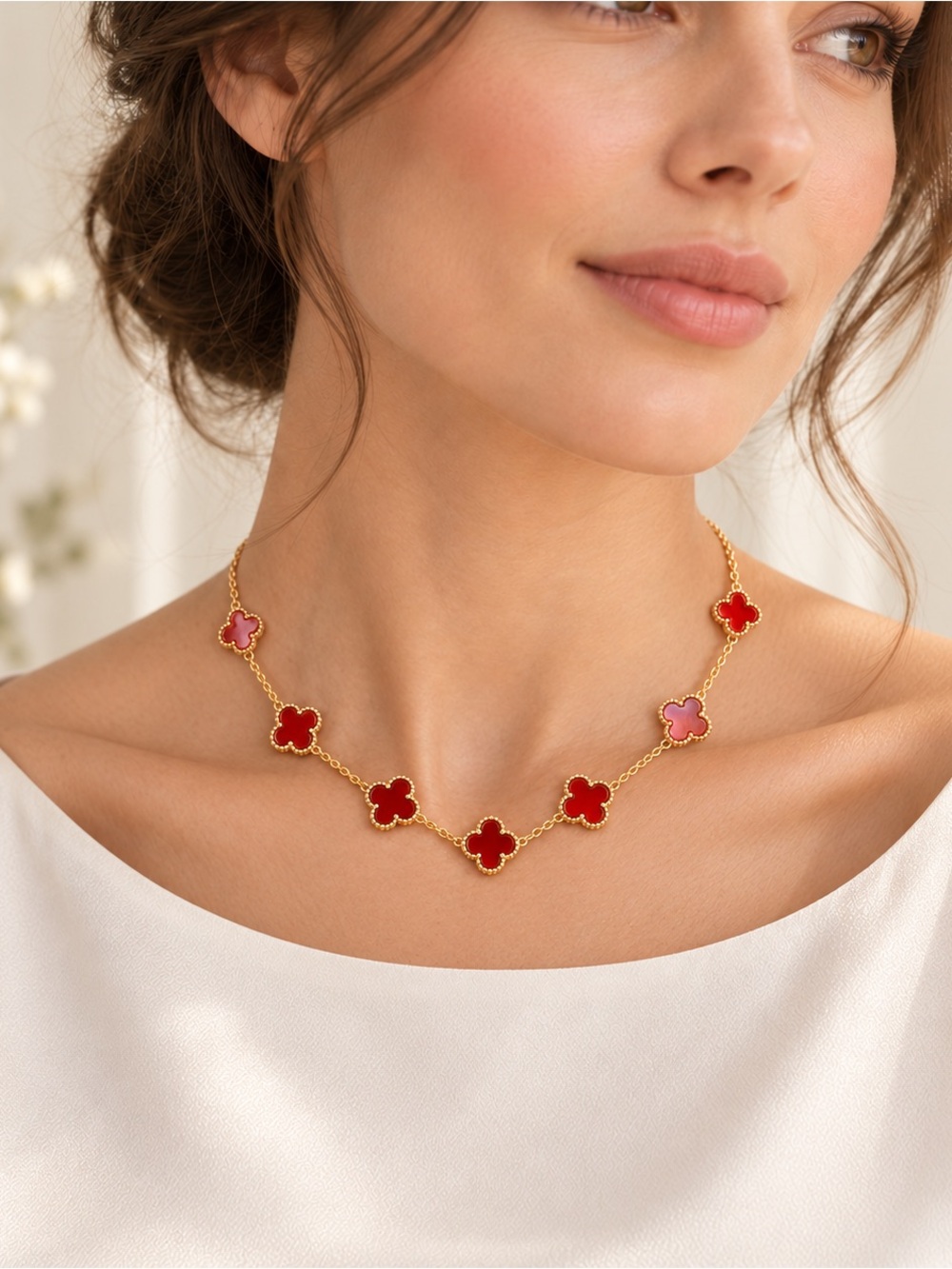 Red and Gold Clover Necklace Luxury Look